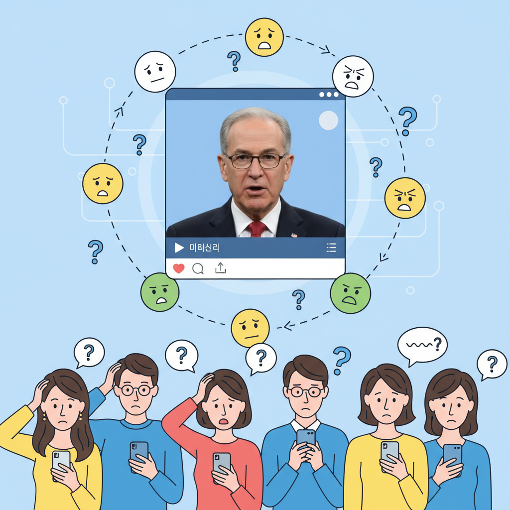 An infographic showing a deepfake video of a male politician (with features similar to Chuck Schumer) on a social media screen, with question marks and confused faces around it. Clean infographic style. Korean people. No text.