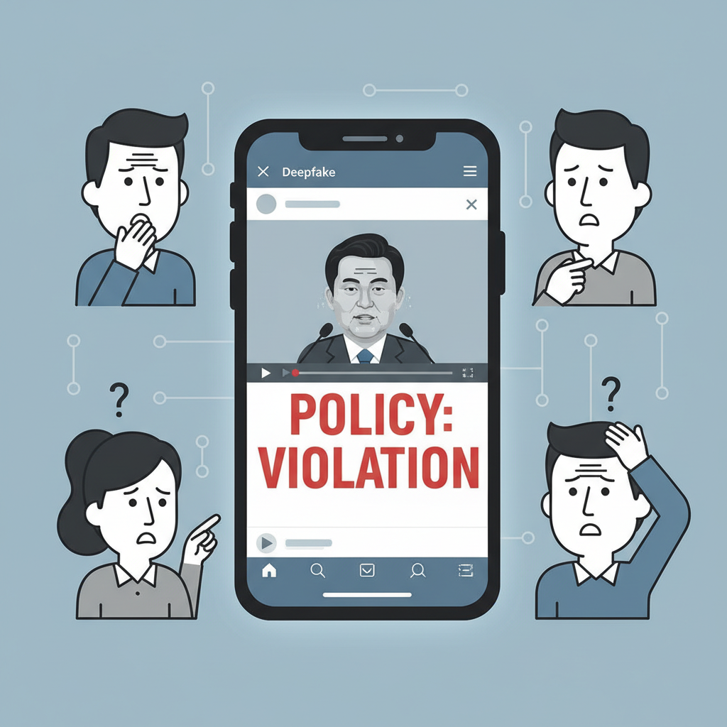 A smartphone screen showing a social media app (similar to X) with a deepfake video playing, and a large "Warning: Policy Violation" overlay. Around the screen, confused and concerned Korean users. Clean infographic style. No text.