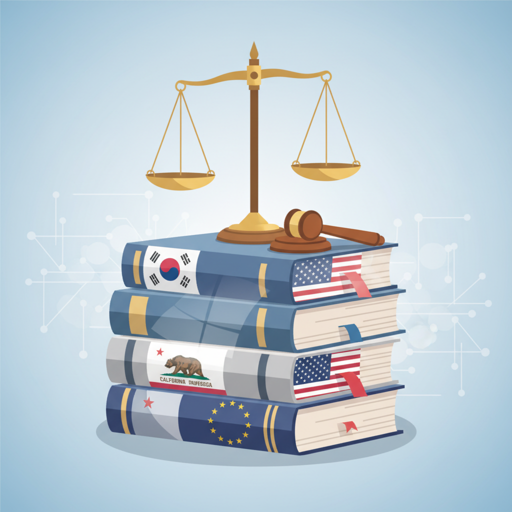 A stack of legal documents or books, with different national flags (South Korea, USA, California, EU) subtly integrated, symbolizing deepfake regulation laws. A gavel and scales of justice are in the background. Clean, official infographic style. No text.