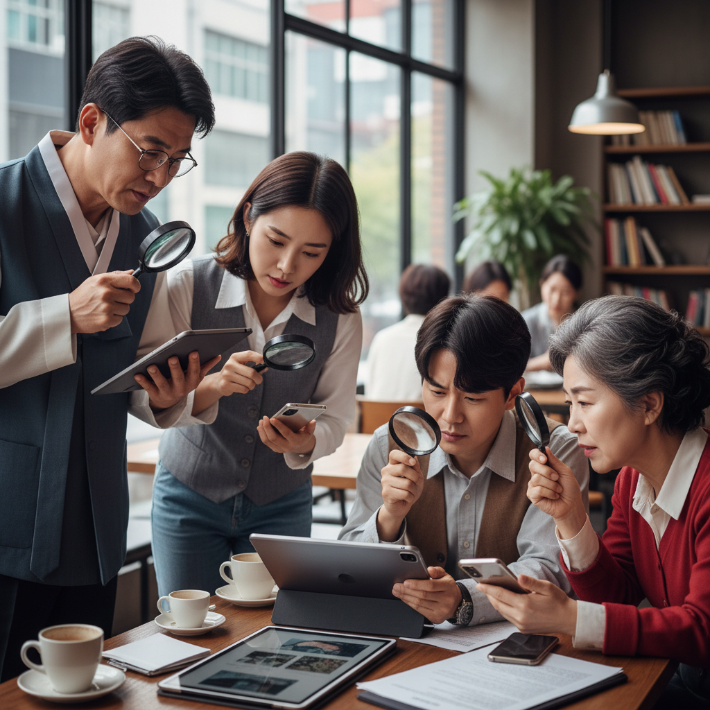 A diverse group of Korean people (young and old) looking at various digital screens (smartphones, tablets) with a critical eye, perhaps discussing. Some are using magnifying glasses over images, symbolizing critical analysis and fact-checking. Lifestyle photography. Natural lighting. No text.