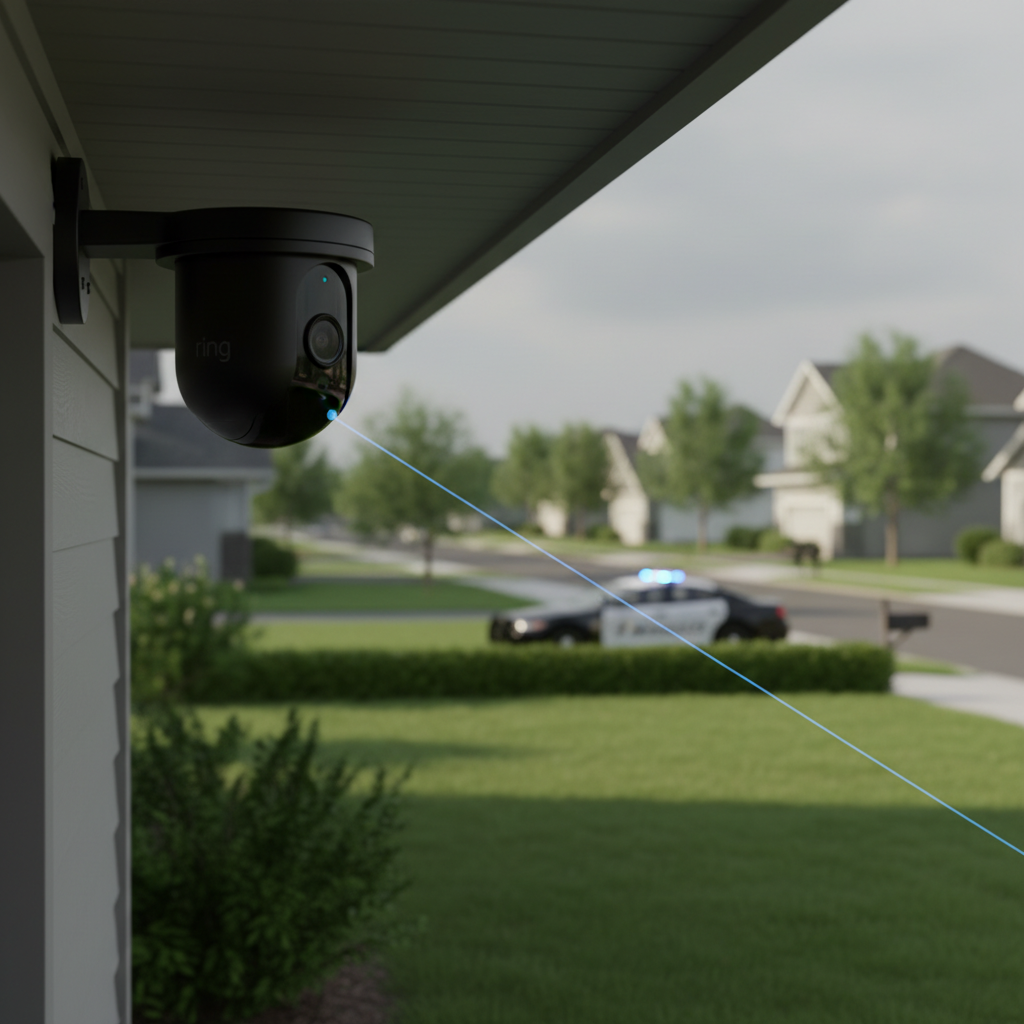 A smart Ring camera mounted on a house, with a subtle connection line extending to a distant police patrol car. The scene should convey a sense of increased surveillance and connection between private devices and law enforcement. Lifestyle photography, natural lighting, a hint of unease. No text.