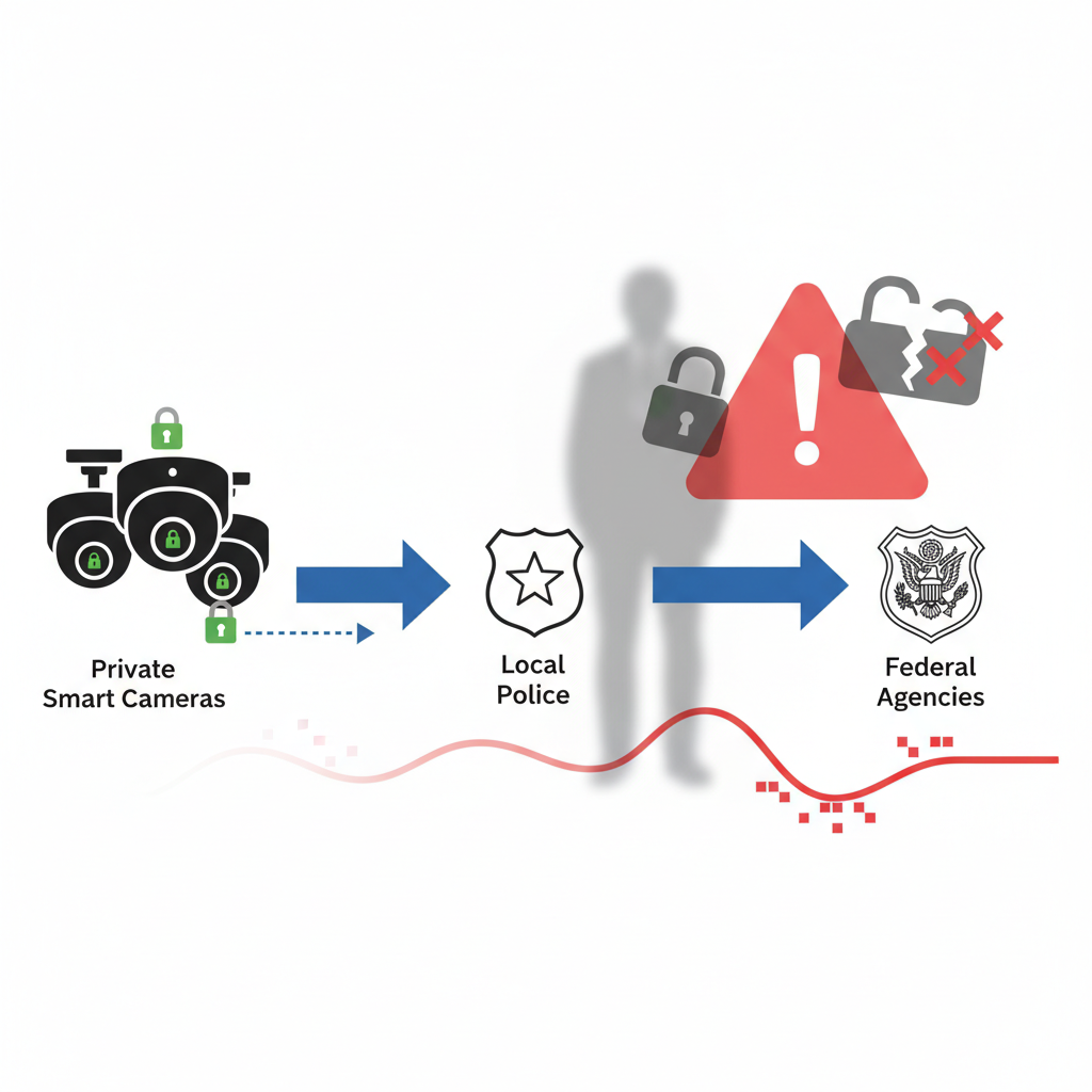 A clear infographic illustrating the flow of data from private smart cameras to local law enforcement, and then potentially to federal agencies. Use icons for cameras, local police, and federal agencies, with arrows showing data pathways. Emphasize privacy concerns with a cautionary visual element. Clean infographic style, no text.