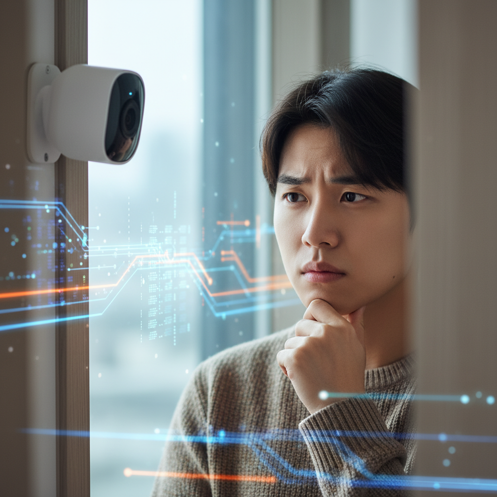 A thoughtful and slightly concerned Korean person looking at a smart home camera, perhaps their own Ring camera, with a backdrop that subtly suggests data flowing or being monitored. The focus is on the individual's contemplation of privacy versus convenience. Lifestyle photography, natural, slightly muted lighting. No text.