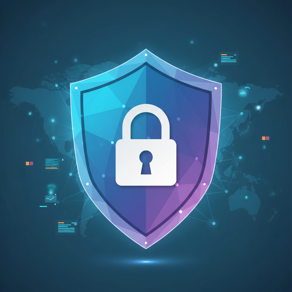 A stylized shield icon with a lock symbol, representing privacy and data security. The background could be a blurred network of connections or digital data, suggesting the need for protection in a connected world. Clean, modern infographic style. No text.
