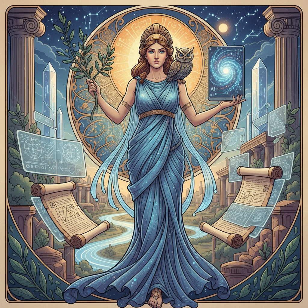 An elegant illustration blending ancient Greek philosophy symbols (like scrolls, olive branches) with modern technology elements (like glowing circuit patterns, abstract AI visuals). The image should convey a sense of harmony and wisdom applied to a technological future. Natural lighting, no text.