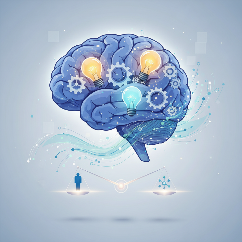 A thought-provoking illustration showing a person's brain with gears and light bulbs, symbolizing critical thinking, subtly interacting with abstract digital patterns representing AI. The image should convey balance and the importance of human intellect in a technologically advanced world. Clean infographic style, no text.