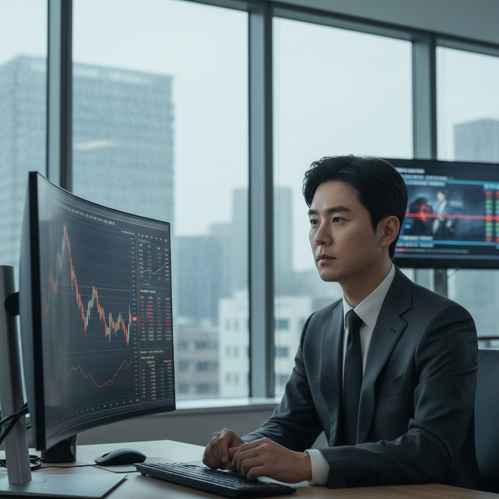 A Korean man in a modern office setting, but with stoic composure, contemplating financial charts on a screen. The background subtly shows elements of economic uncertainty (e.g., slight market downturn graph) but his expression is calm and prepared. The style is realistic lifestyle photography, no text.