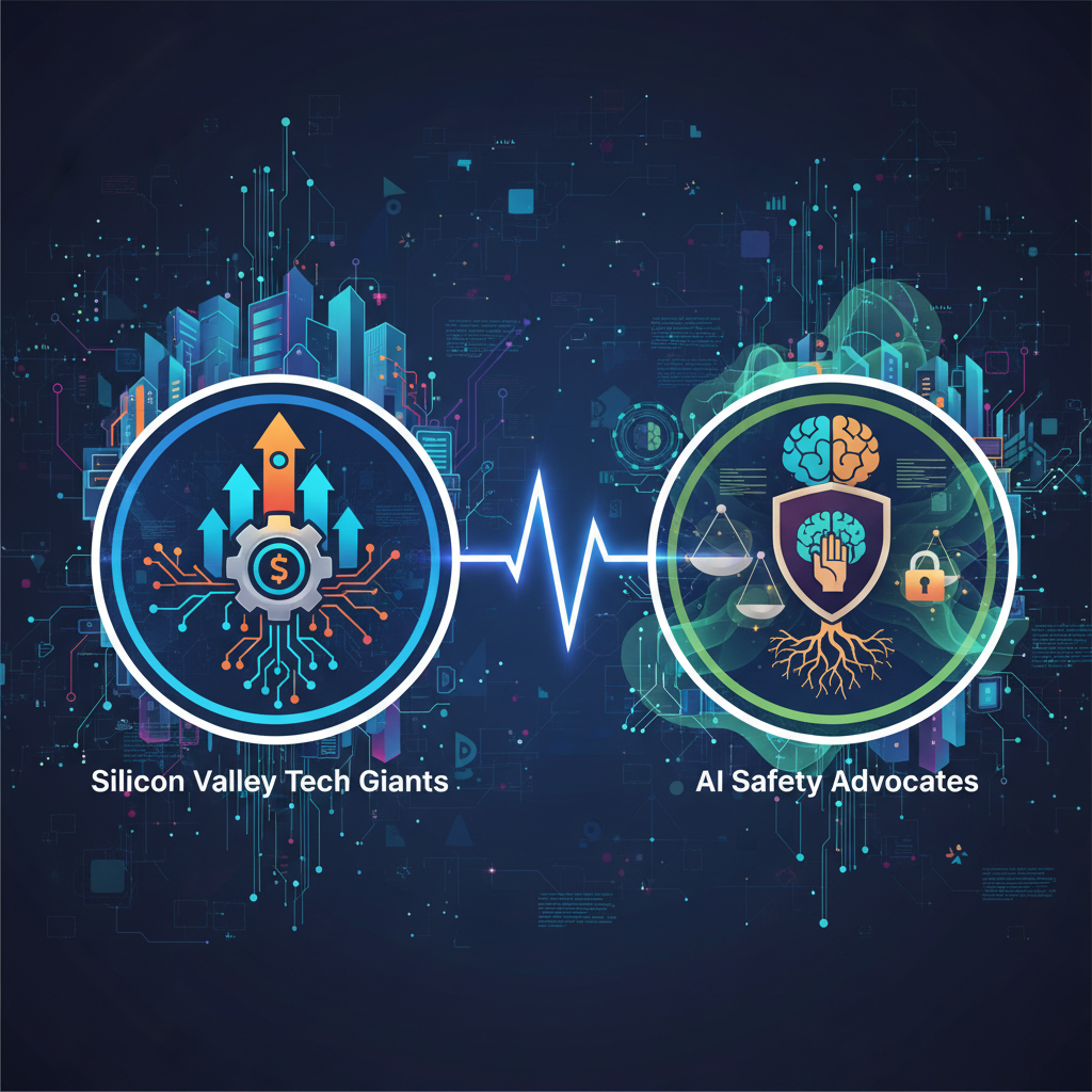 An infographic showing two opposing factions (Silicon Valley tech giants vs. AI safety advocates) engaged in a debate over AI regulation. One side has symbols of innovation and rapid growth, the other has symbols of safety and ethical guidelines. The background is a digital landscape with glowing AI elements. Clean infographic style, no text.