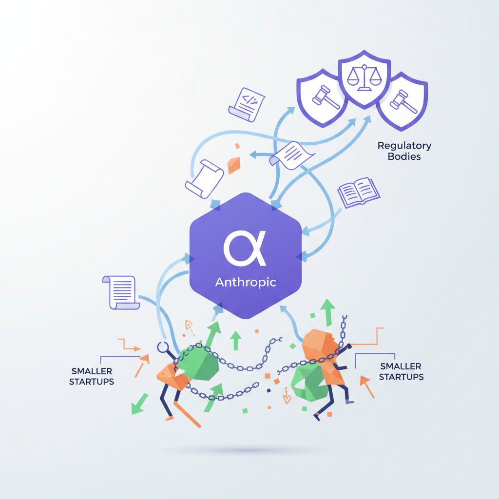 A complex infographic illustrating the concept of "regulatory capture" within the AI industry. One large entity (Anthropic) is shown subtly influencing regulatory bodies, with smaller startups struggling in the background. Documents and legislative symbols are present. Clean infographic style, natural lighting, no text.