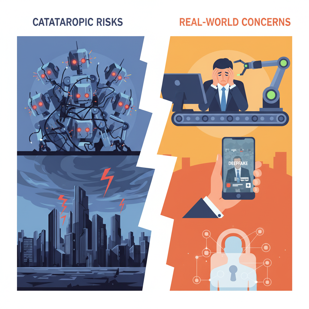 A split image. One side shows abstract AI risks like robots malfunctioning and dystopian cityscapes (catastrophic risks). The other side shows real-world concerns like a person losing a job to automation, a deepfake video on a phone screen, and privacy issues (job loss, deepfakes). Infographic style highlighting the divergence in focus between AI safety advocates and the general public. No text.