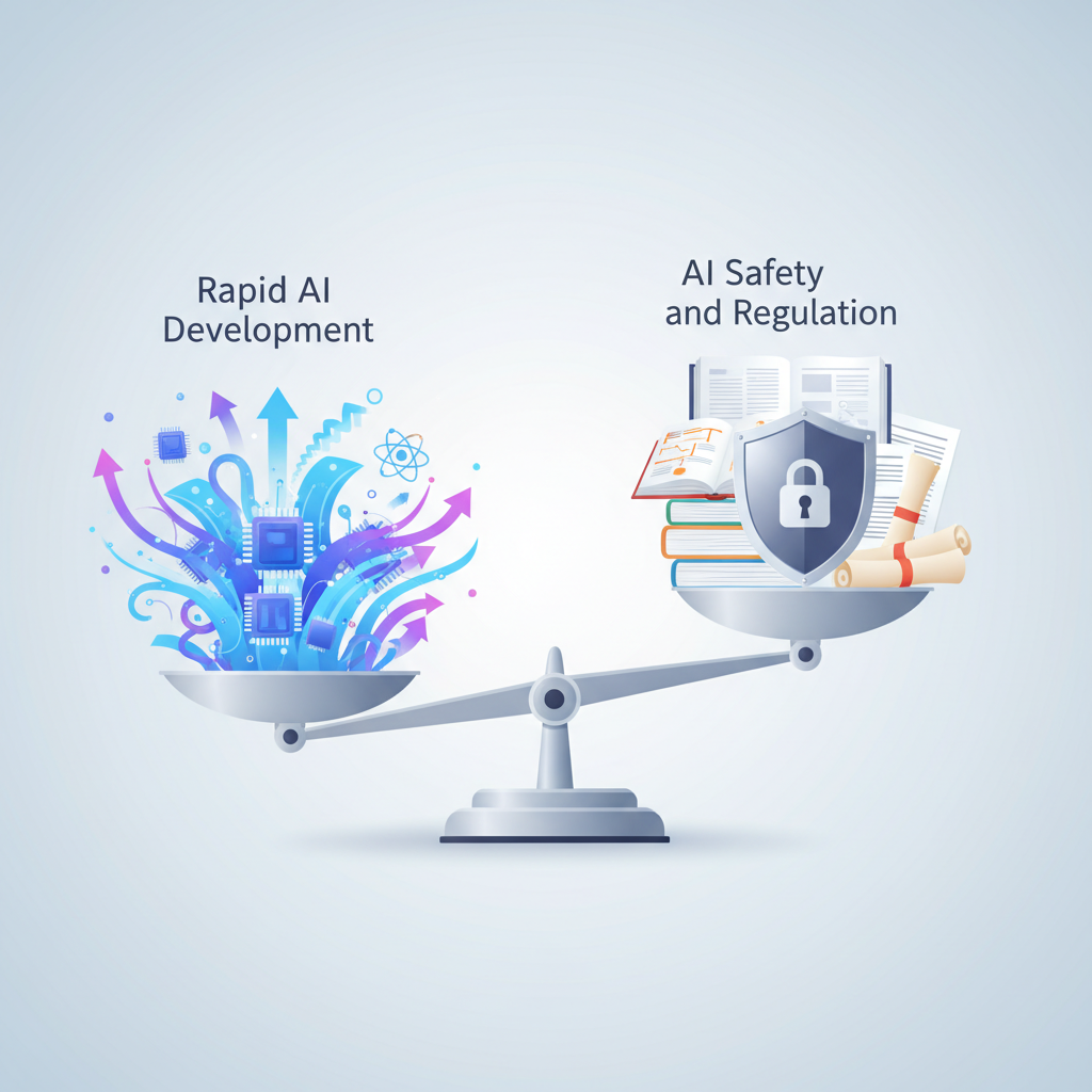 A balanced scale with one side representing rapid AI development (depicted by fast-moving data streams, glowing chips, and innovation symbols) and the other side representing AI safety and regulation (depicted by a shield, ethical guidelines, and legal documents). The scale is perfectly balanced, showing a harmonious coexistence. Clean infographic style, no text.