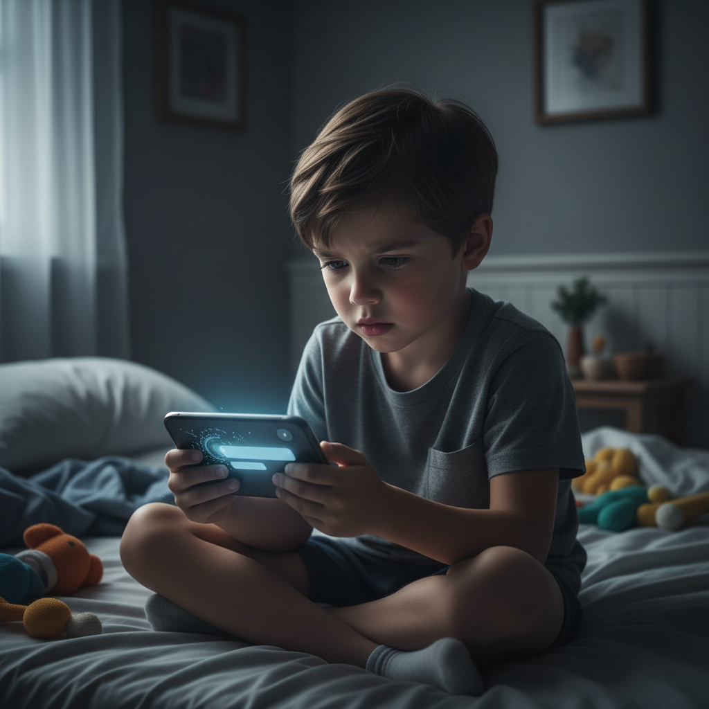 A concerned child looking at a smartphone screen showing an AI chatbot interface, sitting in a dimly lit bedroom. The atmosphere conveys worry and isolation. Realistic lifestyle photography with natural lighting, no text in image.