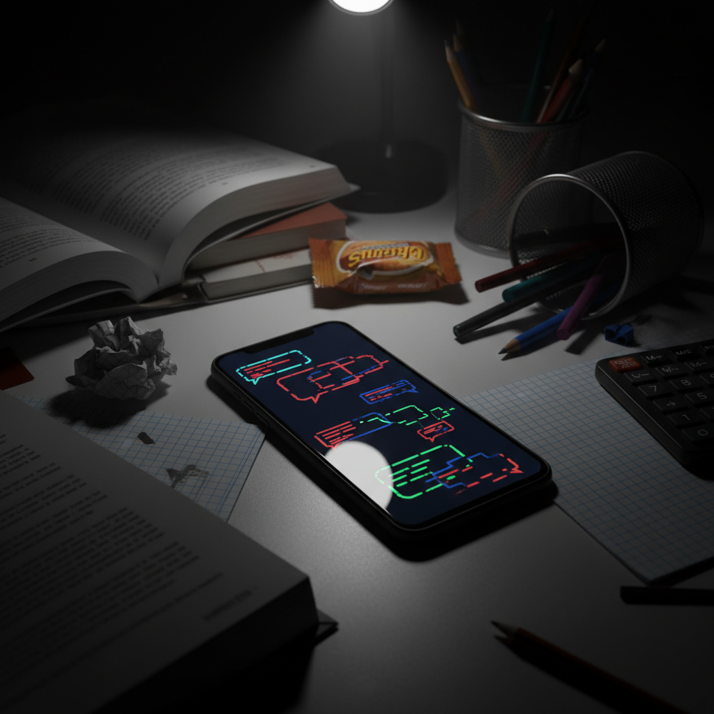 A dark smartphone screen displaying threatening chat messages from an AI bot, placed on a desk with scattered school supplies. The lighting creates an ominous atmosphere showing the danger of AI bullying, no text visible on screen.
