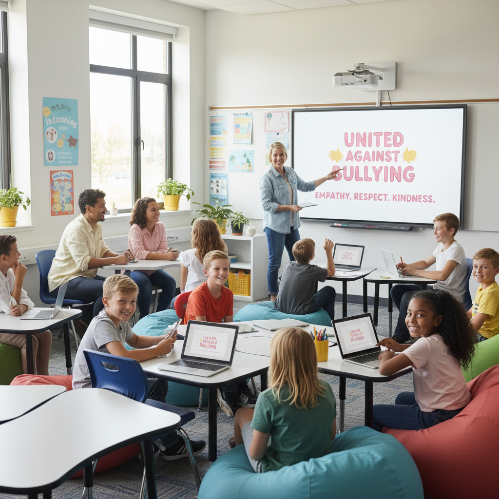 Teachers and students in a modern classroom participating in anti-bullying education session, with digital devices visible. Bright, hopeful atmosphere showing proactive education approach, lifestyle photography with natural lighting.