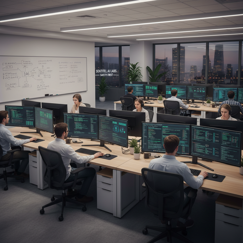 Software developers working on AI safety features in a modern tech office, with multiple monitors showing code and safety protocols. Professional atmosphere emphasizing responsible AI development, clean office photography.