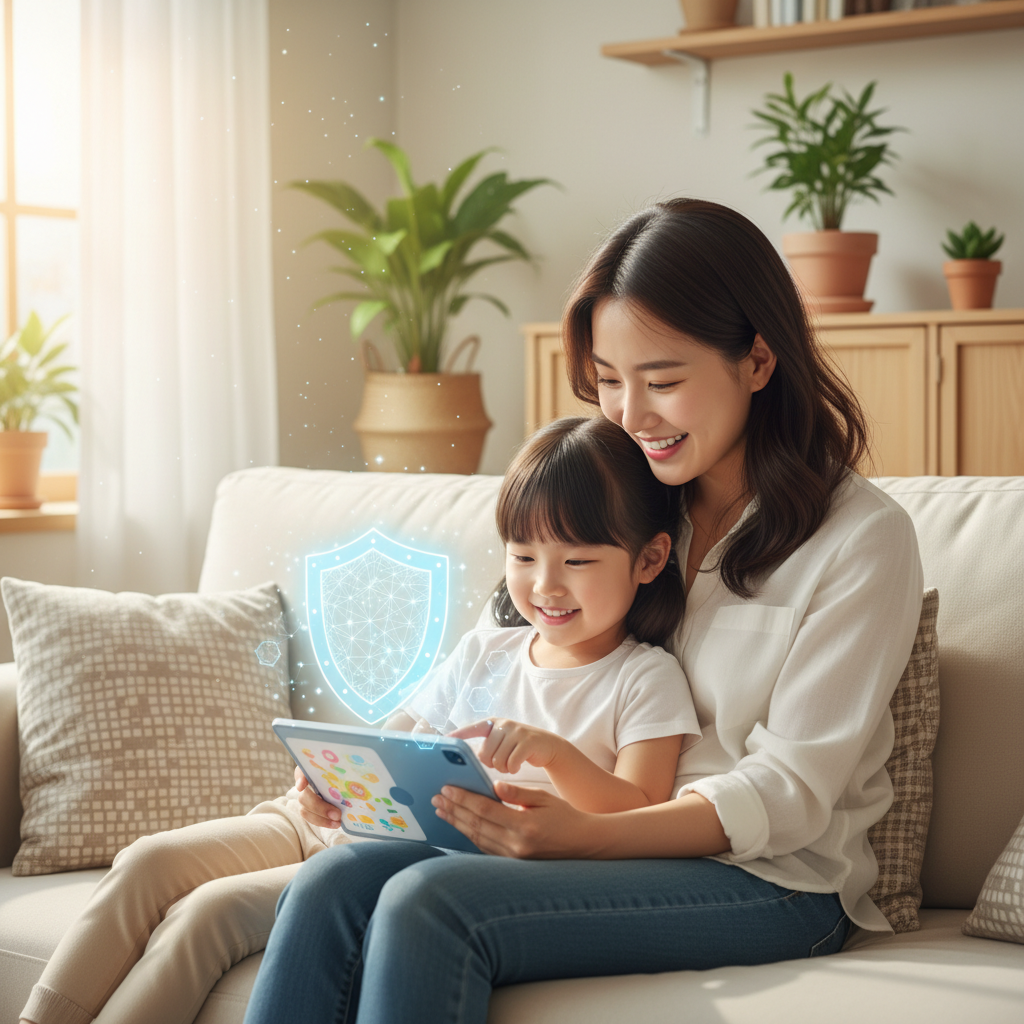 A Korean parent and child happily and safely using a tablet together, with a soft, protective digital shield symbol appearing around the tablet. The scene is bright and comforting, representing safe digital interaction. Lifestyle photography, no text.