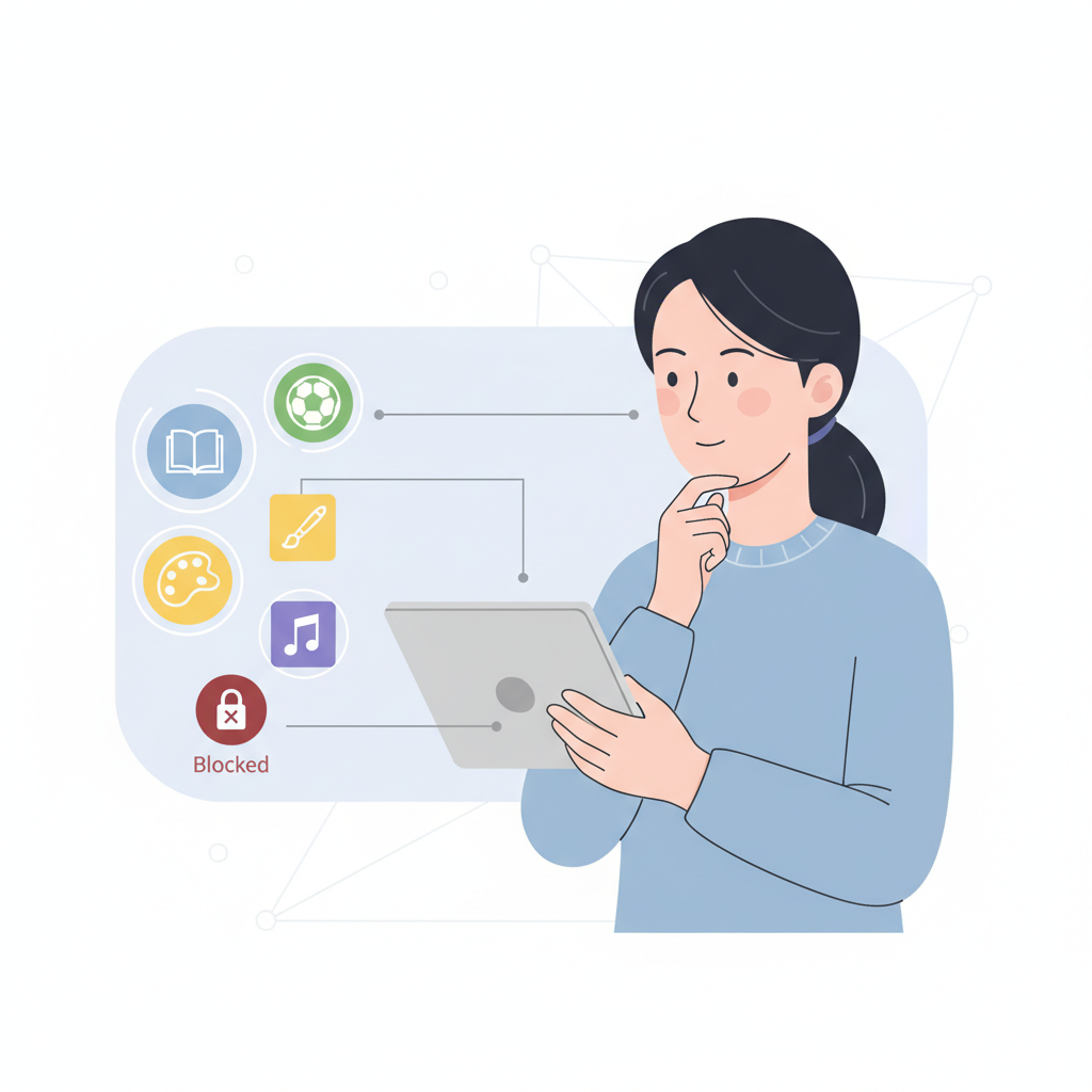 A clean infographic showing a Korean parent monitoring a tablet screen. The screen displays various icons representing chat topics like "Education," "Sports," and a "Blocked" icon for inappropriate content, illustrating parental insights into AI chat. Clean infographic style, no text.