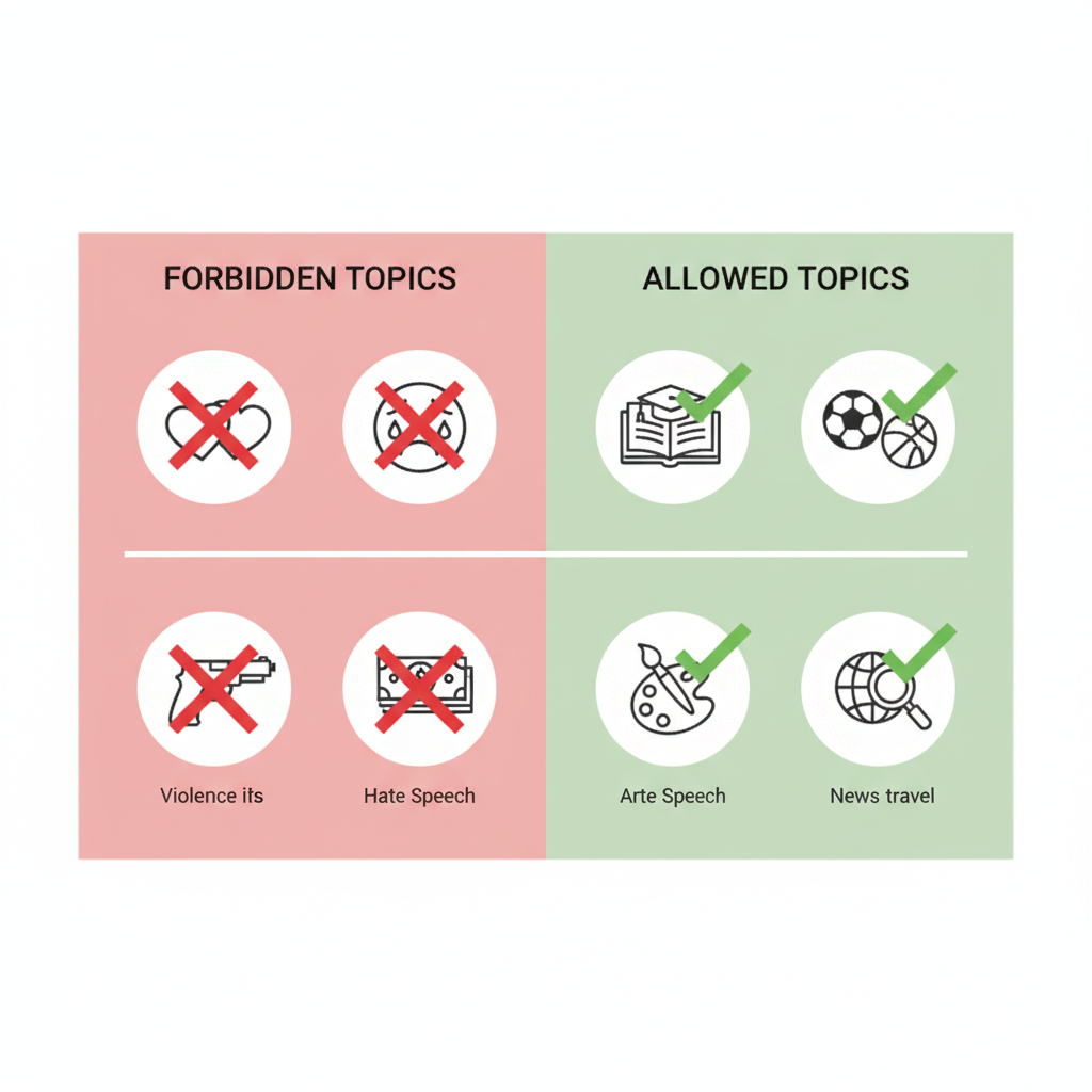 A clear infographic with two distinct sections. One section displays forbidden chat topics (represented by 'X' marks over icons like hearts for romance, sad faces for self-harm) and the other shows allowed topics (represented by checkmarks over icons like books for education, sports equipment). The style is clean and informative. No text.