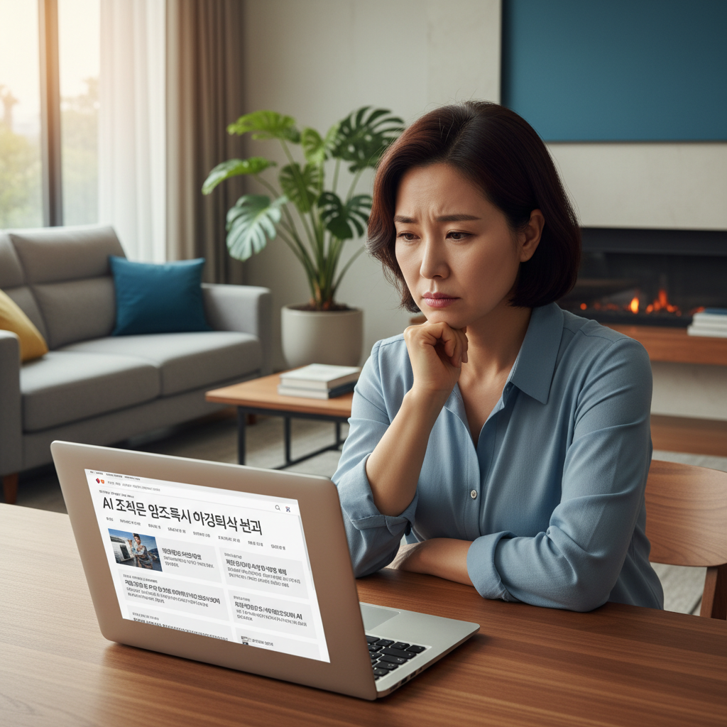 A concerned Korean parent sitting in front of a laptop, looking at a news article about AI safety issues. The parent's expression conveys thoughtful worry, reflecting the need for better safeguards. The setting is a modern living room. Lifestyle photography, no text.