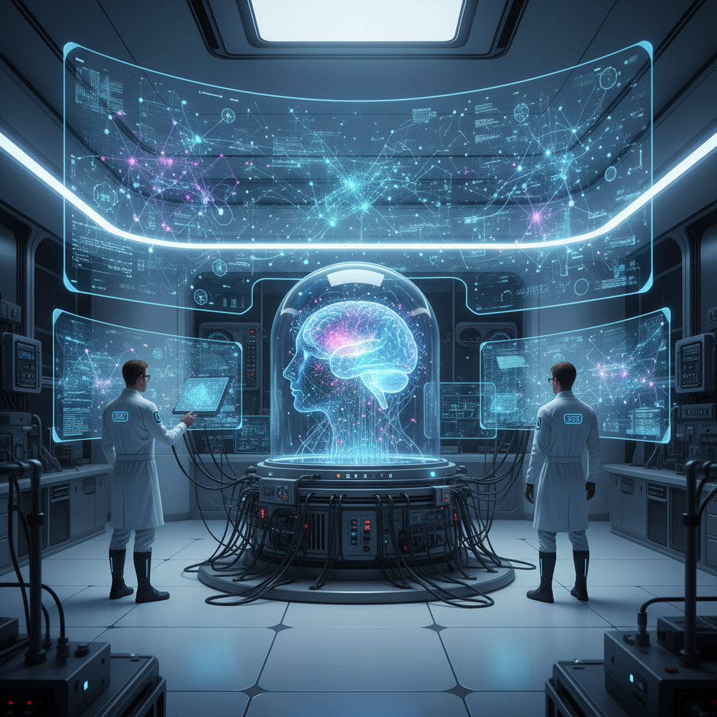 A futuristic scene showing human brain activity visualization with AI interfaces, holographic displays showing neural networks, clean modern laboratory setting with soft blue lighting, realistic digital art style, no text