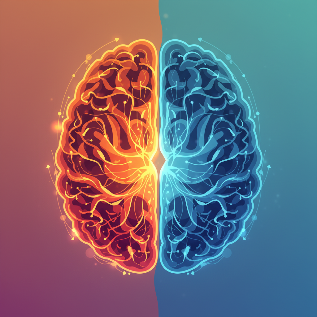 Split-screen illustration showing active brain networks on one side with neural connections glowing, and passive brain state on the other side with dimmed connections, modern infographic style with warm and cool color contrast, no text