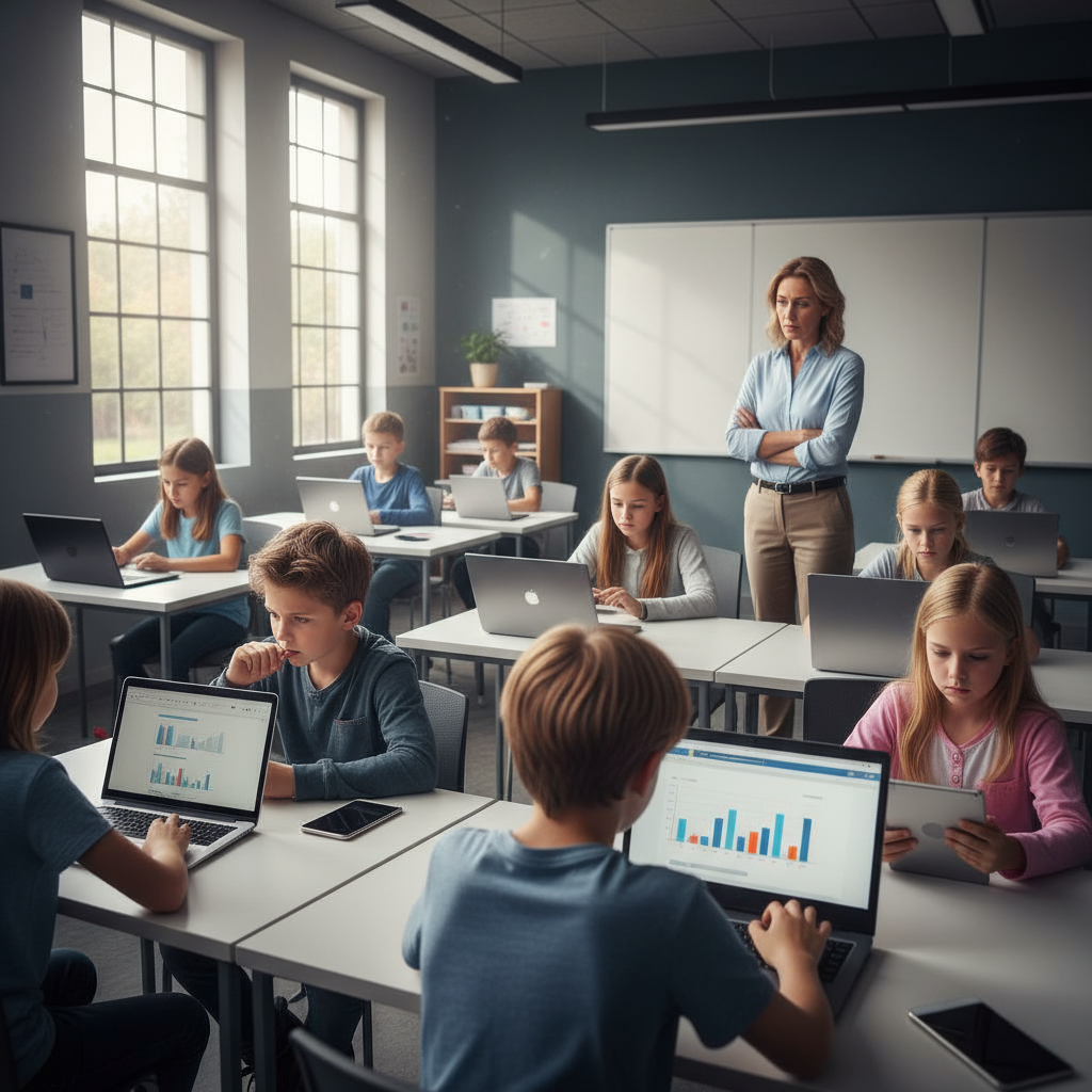 Modern classroom scene with students using laptops and tablets, some looking confused or distracted, teacher observing with concern, natural lighting through windows, realistic photography style showing the digital divide in education, no text