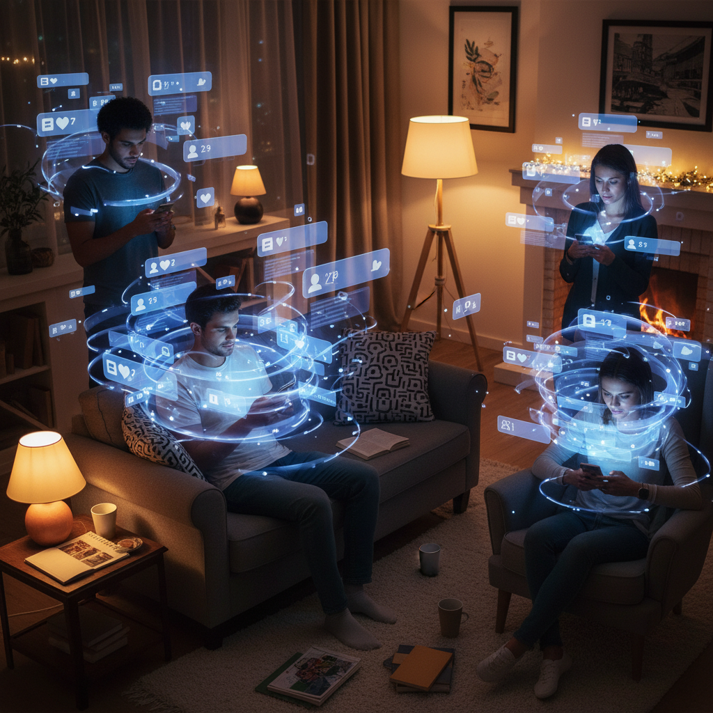 People absorbed in their smartphones with social media interfaces floating around them, showing addictive digital consumption, warm indoor lighting, lifestyle photography capturing the modern digital addiction phenomenon, no text