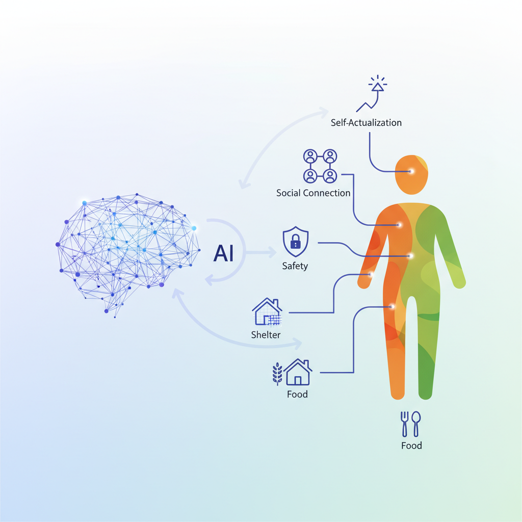 An infographic illustrating the concept of AI influencing human basic needs. Show abstract representations of AI and human figures interacting, with symbols representing different needs like food, shelter, safety, social connection, and self-actualization. Clean, modern infographic style. No text in image.