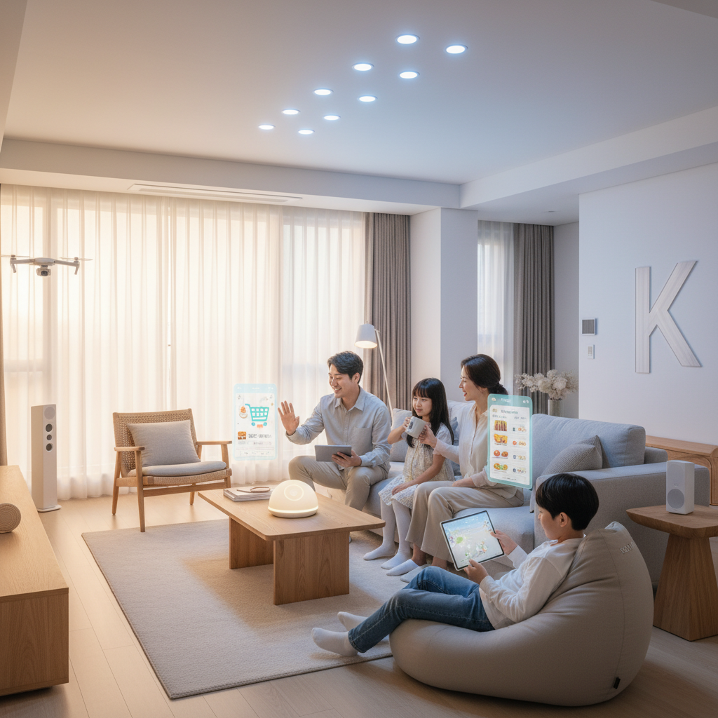 Lifestyle photography of a Korean family in a modern smart home, where AI assistants control lighting, temperature, and order groceries. The atmosphere is comfortable and relaxed, showing convenience. Realistic, warm lighting. No text in image.