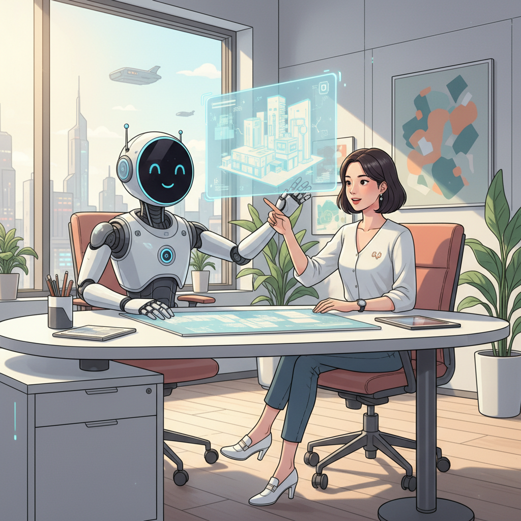 An illustration depicting a Korean person collaborating with a friendly AI robot. They are working together on a creative project, possibly a design or a scientific model, showing synergy and innovation. The setting is a modern, bright office. Illustration style. No text in image.