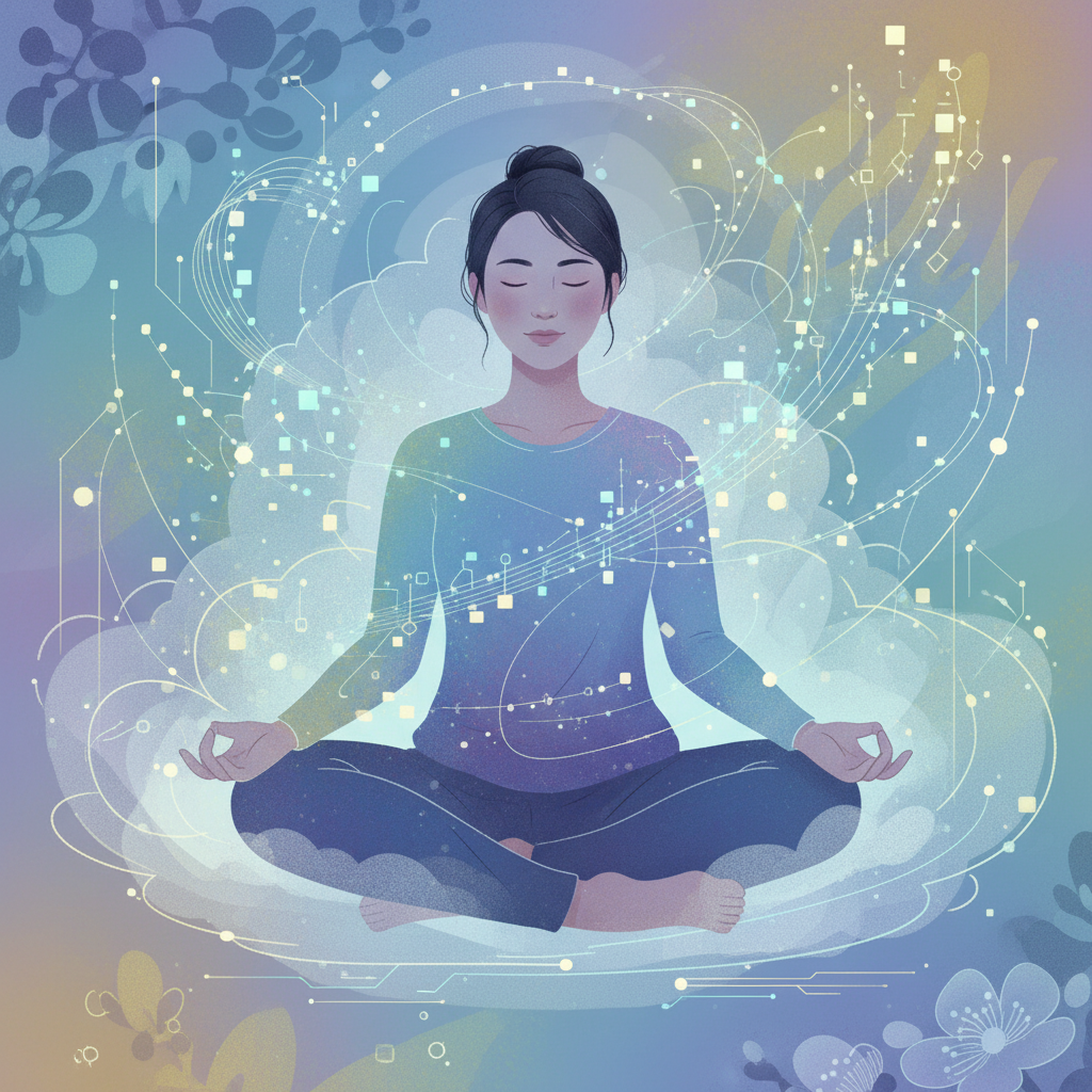 An abstract illustration showing a Korean individual meditating or reflecting, with subtle AI elements like data streams or glowing neural pathways surrounding them. The mood is calm and introspective, suggesting personal growth and understanding with technological insight. Illustration style with soft colors. No text in image.