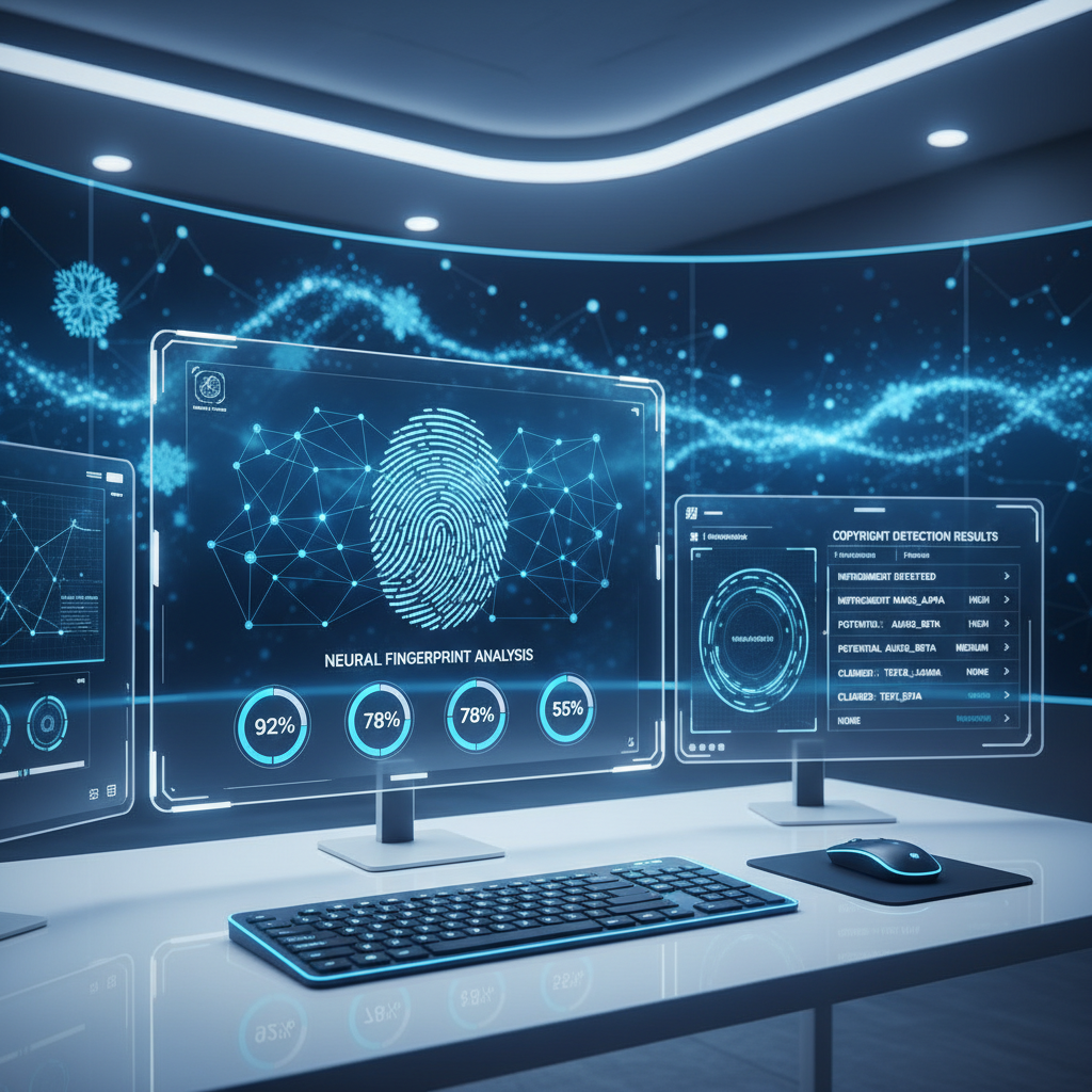 A modern digital interface showing AI copyright tracking system with neural fingerprint analysis, displaying percentage matches and copyright detection results on multiple screens, clean tech workspace environment, blue and white color scheme, no text