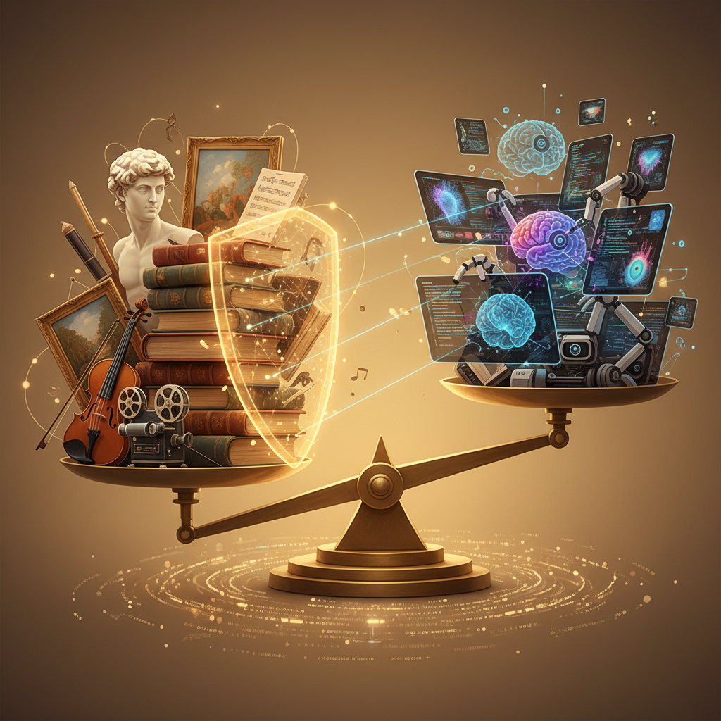 A conceptual illustration showing the tension between copyright protection and AI technology, with books, artwork, and digital screens representing creative content being analyzed by AI systems, balanced composition with warm lighting, no text