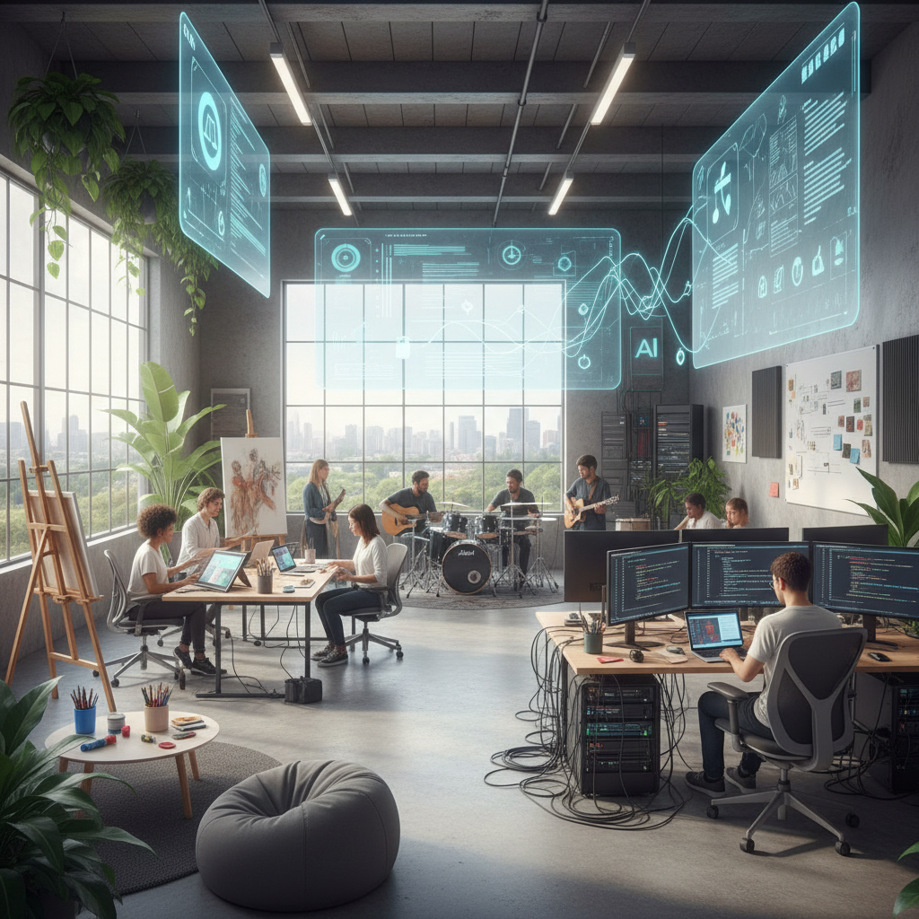 A collaborative workspace showing artists, musicians, and AI developers working together, with digital screens displaying content tracking and licensing agreements, modern office environment with creative elements, natural lighting, no text