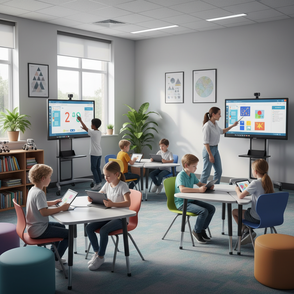 Modern classroom scene with elementary students using tablets and interactive screens, with a friendly adult guide supervising. Clean, bright environment with natural lighting, showing personalized learning in action. No text.