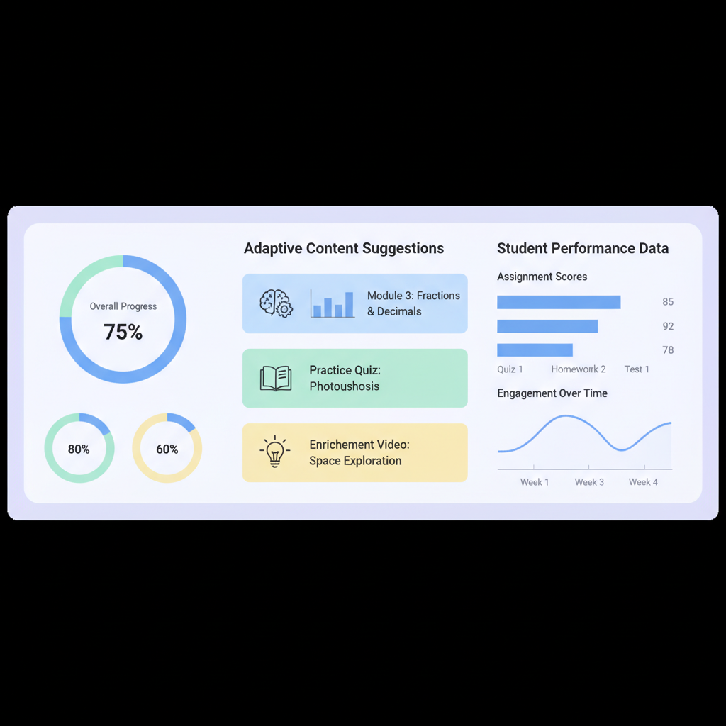 Clean infographic-style illustration showing personalized learning analytics dashboard with progress charts, adaptive content suggestions, and student performance data. Modern interface design with soft colors. No text.