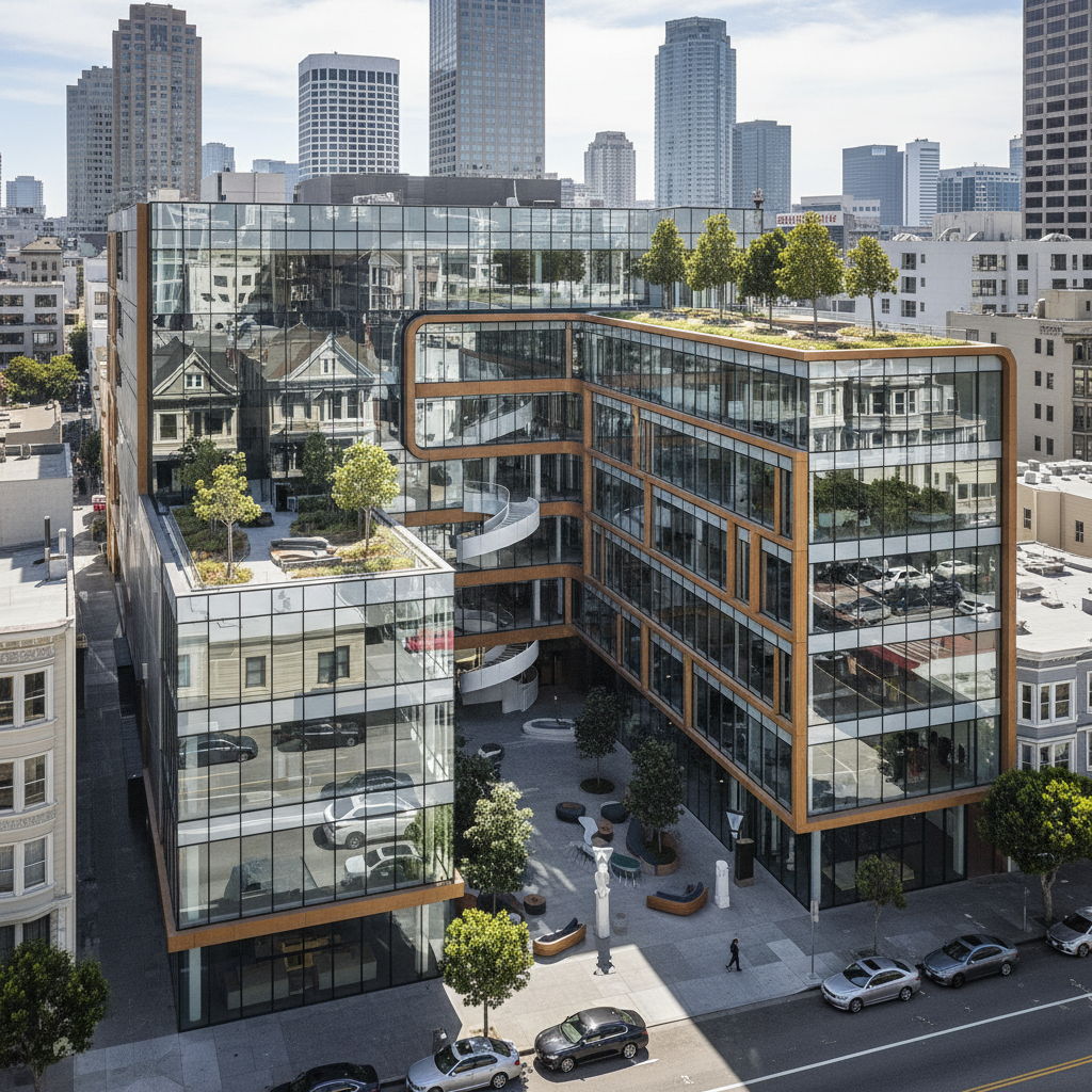 Upscale private school building in San Francisco with modern architecture, showing the contrast between elite education facilities and urban environment. Natural lighting, contemporary design. No text.