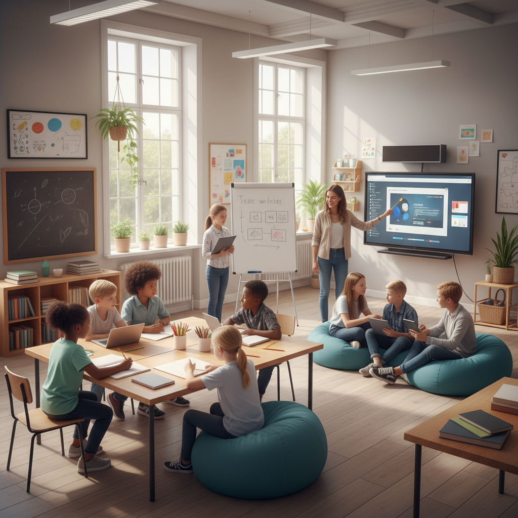Diverse classroom showing both traditional teaching methods and digital learning, with students of different ages collaborating on projects. Warm, inclusive atmosphere with natural lighting. No text.