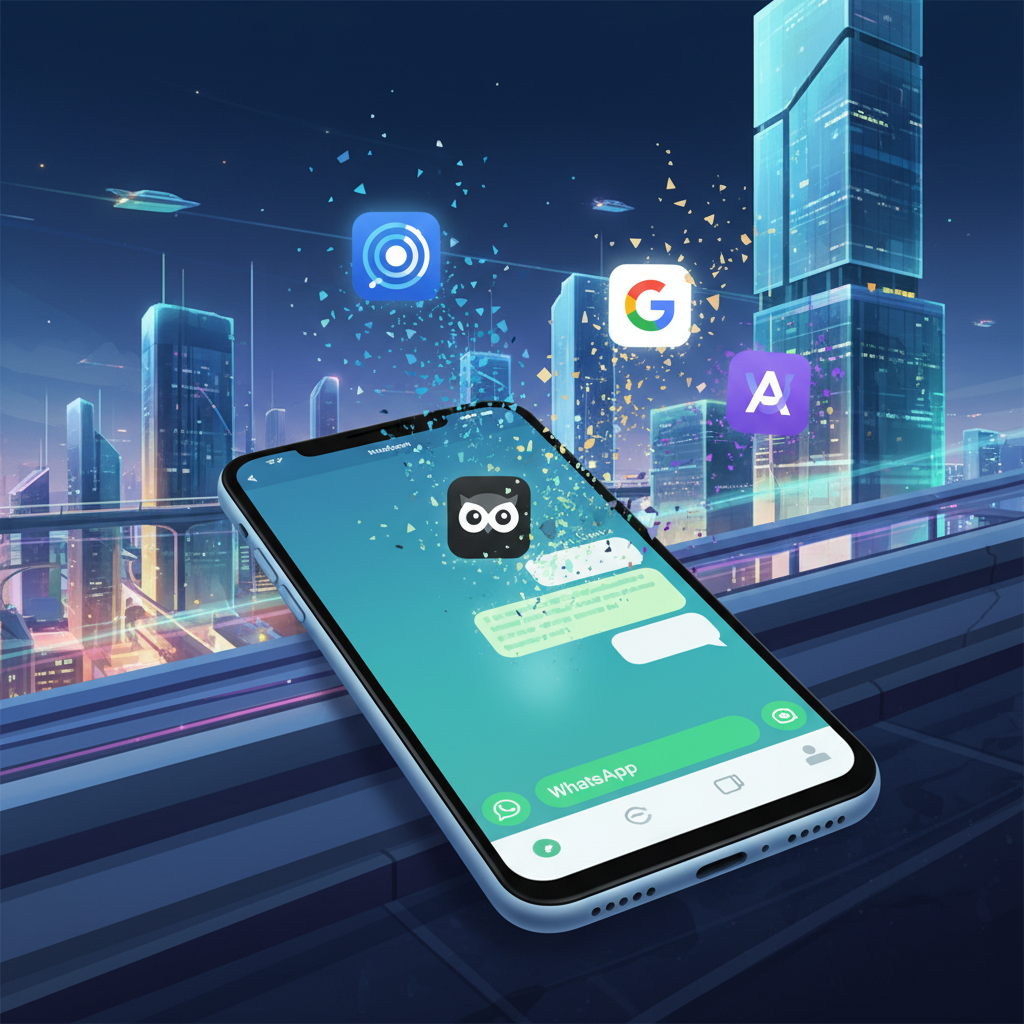 A digital illustration showing various AI chatbot icons (like OpenAI, Perplexity) fading away from a smartphone screen displaying the WhatsApp interface. The background is a vibrant, modern city. Style: clean infographic. No text.
