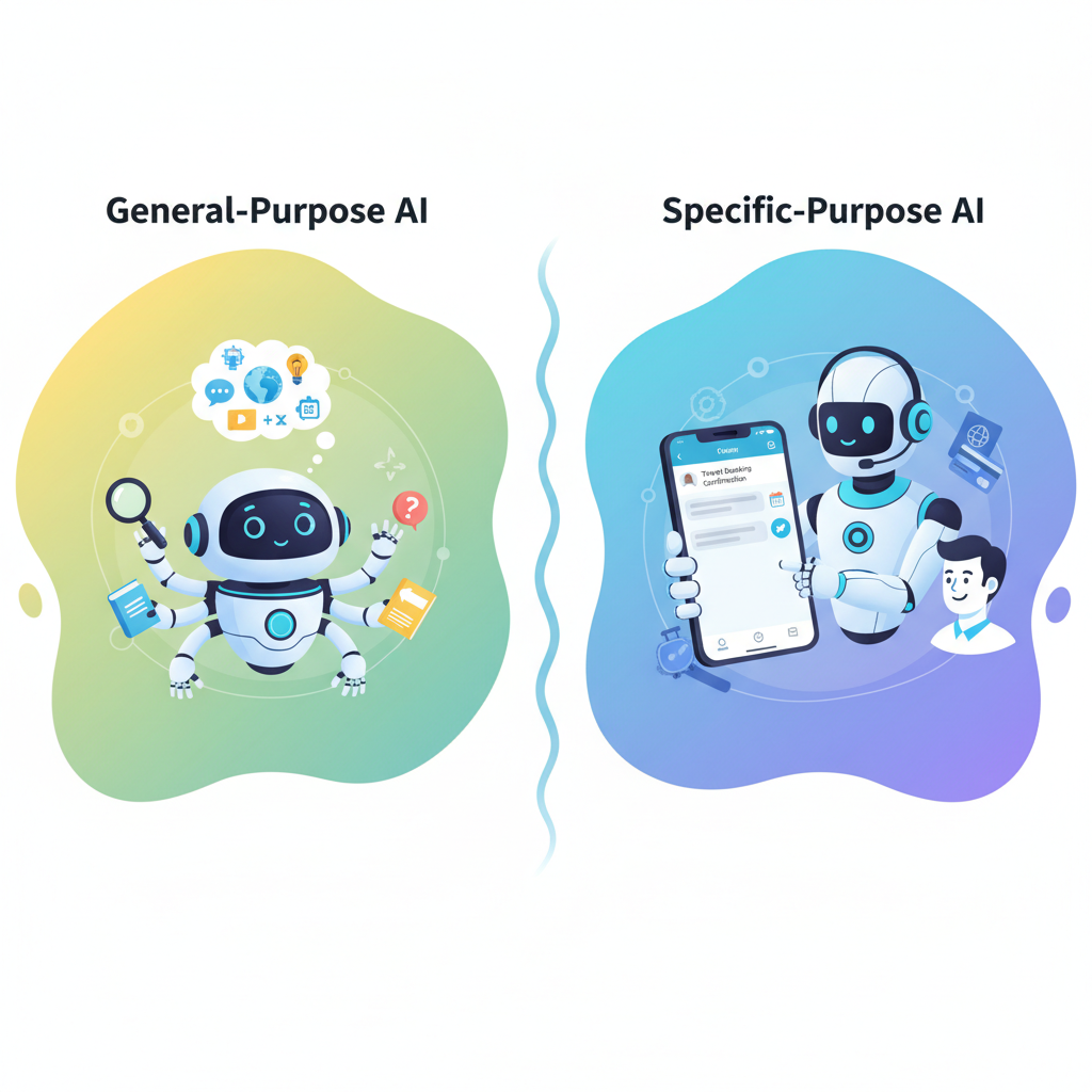 An infographic illustrating the difference between general-purpose AI chatbots (represented by a curious, multi-tasking robot asking diverse questions) and specific-purpose AI chatbots (represented by a service-oriented robot with a headset, assisting a customer with a travel booking on a smartphone showing WhatsApp). Style: clean infographic, bright colors. No text.