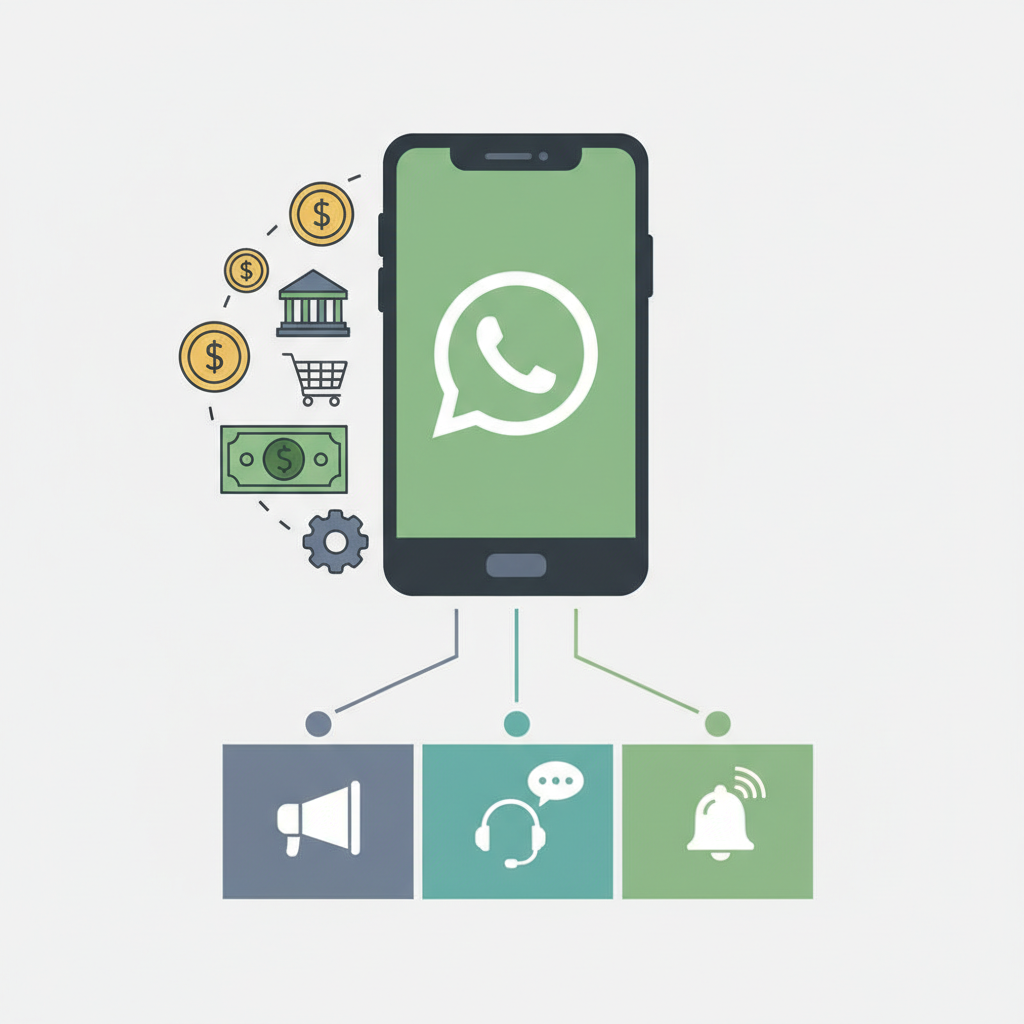 An infographic showing a smartphone displaying WhatsApp, with money symbols flowing from businesses towards it. Below, there are icons representing different message templates (marketing, customer support, notifications), illustrating how WhatsApp charges businesses. Style: clean infographic, business-oriented. No text.