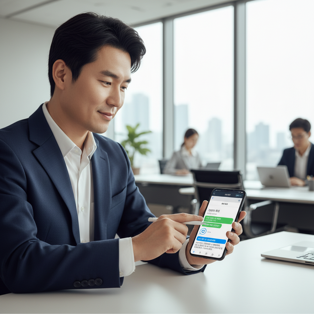 A Korean business person engaging with a customer service AI chatbot on WhatsApp via smartphone, depicted in a modern office setting. The chatbot assists with a business inquiry, showcasing a seamless and efficient interaction. Style: lifestyle photography. No text.