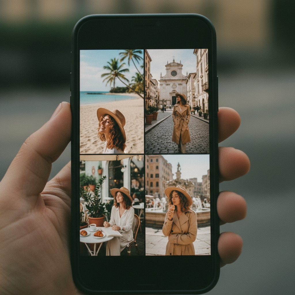 A realistic smartphone screen showing AI-generated vacation photos of a person at various beautiful destinations like beaches, European cities, and cafes. The photos have a vintage film aesthetic with natural lighting. Lifestyle photography style, no text.