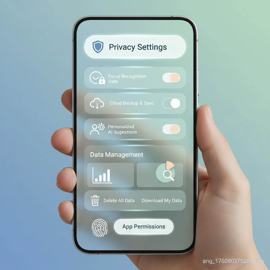Clean smartphone interface showing privacy settings and data management options for an AI photo app. Modern UI design with toggle switches and security icons. Clean infographic style, no text.