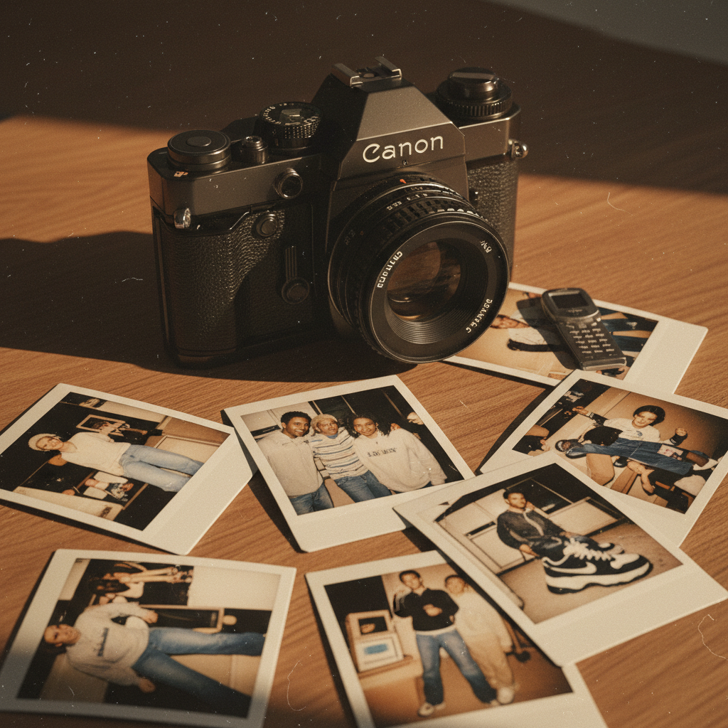 Vintage film camera surrounded by scattered polaroid photos with retro aesthetic. Warm nostalgic lighting, film grain texture, casual lifestyle photography capturing the 2000s vibe. No text.