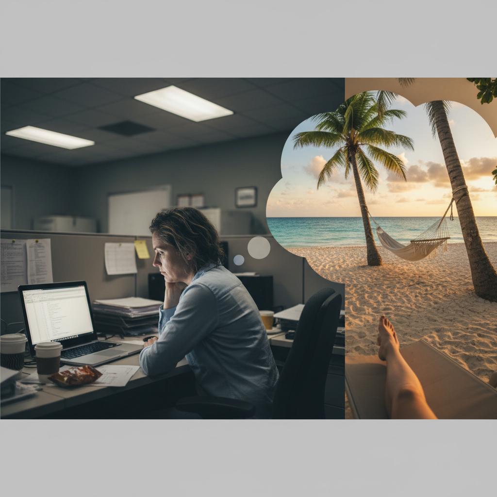 Split scene showing a tired office worker at desk with laptop versus dreamy vacation scenes in thought bubble. Contrast between stressful work environment and peaceful beach destinations. Lifestyle photography, no text.