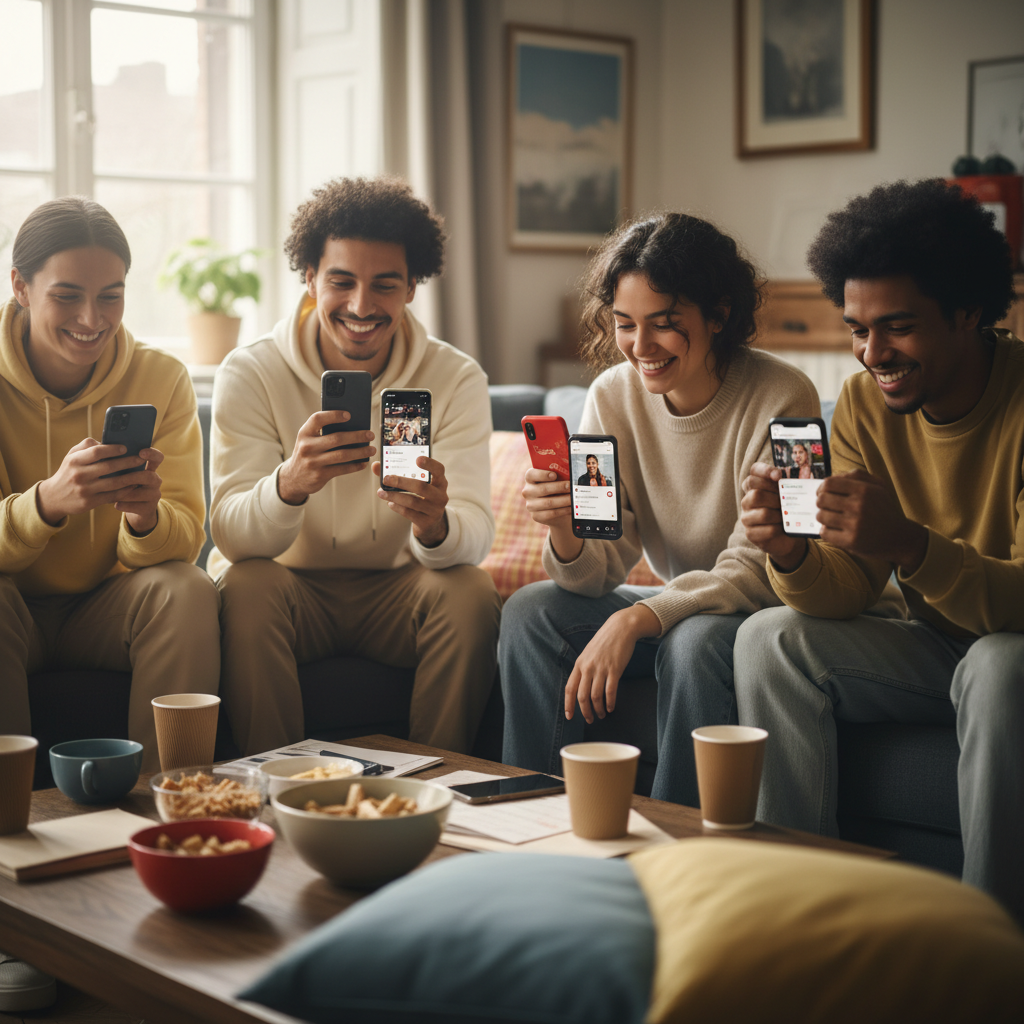 Young people using smartphones to watch social media videos, TikTok and YouTube interfaces visible, casual lifestyle photography, natural lighting, modern social media consumption scene, no text