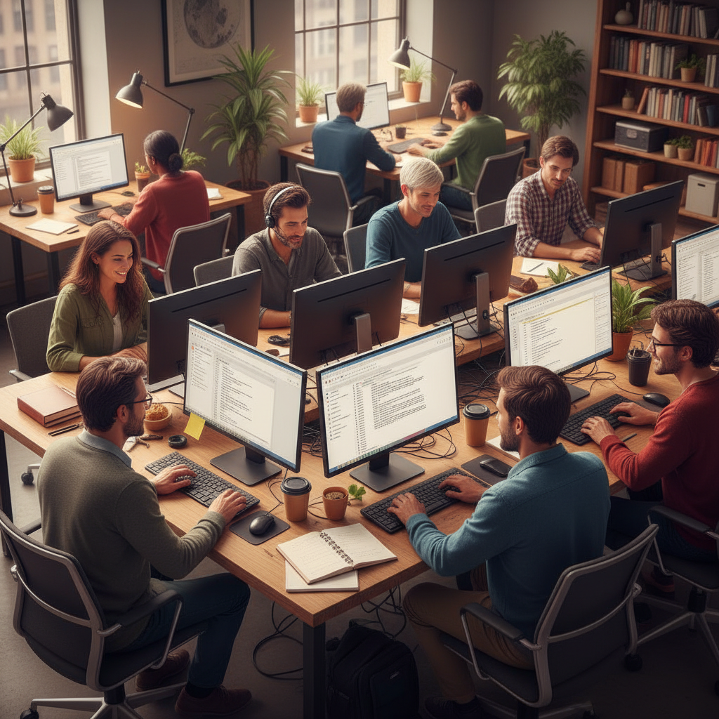 Diverse group of volunteers working together on computers, collaborative workspace environment, Wikipedia editing interface visible, community-driven content creation scene, warm lighting, teamwork atmosphere, no text