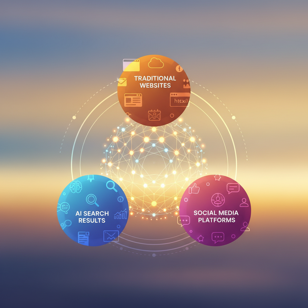 Balanced digital ecosystem showing traditional websites, AI search results, and social media platforms in harmony, interconnected network visualization, modern infographic style, balanced composition with warm lighting, no text