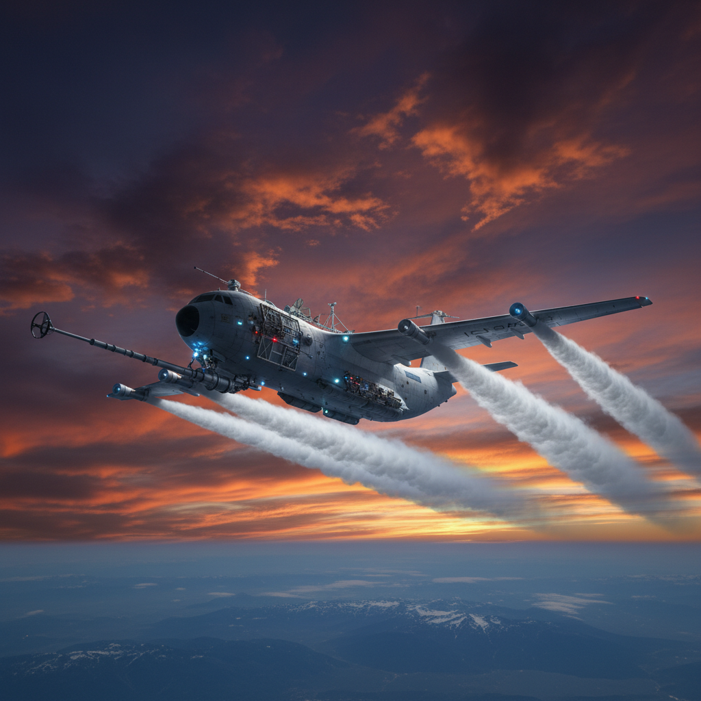 Scientific atmospheric manipulation experiment showing sulfate particles being released into the stratosphere, volcanic-inspired concept, dramatic sky with scientific equipment, realistic photography style, no text